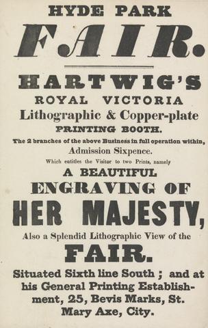 unknown artist Printer's Advertisment for his Booth in Hyde Park Fair