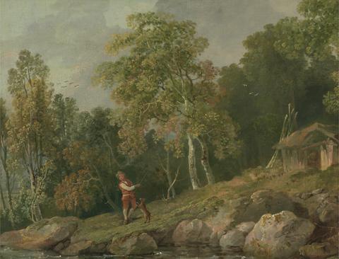 George Barret RA Wooded Landscape with a Boy and his Dog