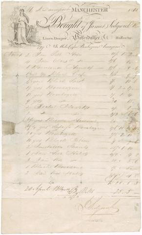 Sedgwick, James, creator. Billhead of James Sedgwick, Manchester clothier, for purchases by John Davenport, 1811.