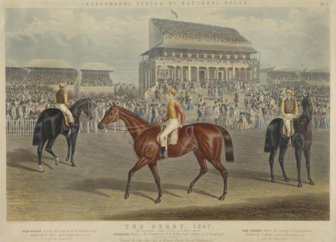 Charles Hunt Racing: The Derby, 1847/ ... / Cossack, Winner, the Property of T. H. Pedley, Esq. Ridden by S. Templeman. / Orange, Scarlet sleeves and cap. / Trained by John Day ... [above print] Ackermann's Series of National Races No.1 ...