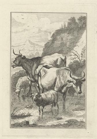 George Bickham Two cows and two sheep in a stream, a Pl. for 'New Drawing Book...of Beasts in Various Actions' (1 of 9)