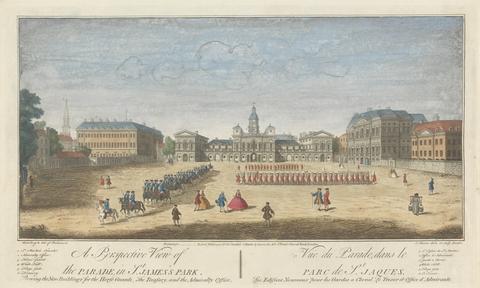 John Maurer A Perspective View of the Parade, in St. James's Park, Shewing the New Buildings for the Horse Guards, The Treasury, and the Admiralty Office; 1. St. Martin's Church, 2. Admiralty office, 3. Horse Guard, 4. Whitehall, 5. King's Gate, 6. Treasury