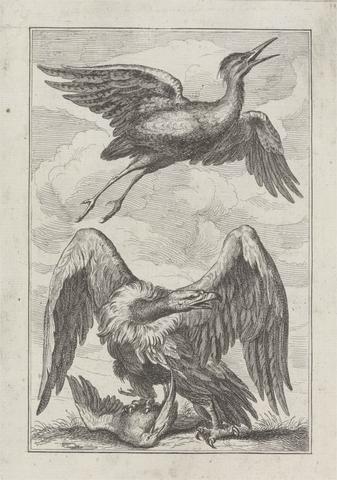 George Bickham A Vulture with prey, and a heron, a Pl. for 'A New Drawing Book...of various kinds of Birds, Drawn from life by Mr. Francis Barlow, 1731' (1 of 9)