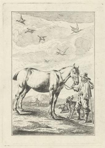George Bickham the Elder A Man, a horse and two dogs, a Pl. for 'A New Drawing Book..of Beasts in Various Actions' (1 of 6)