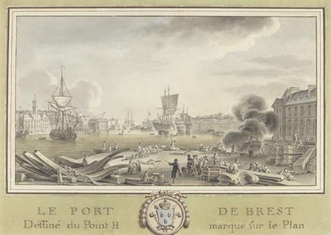 unknown artist Le Pont de Brest/ Definne du Point H. Marque fur la Plan: Dock Scene with Laborers employed on Various Aspects of Ship Construction