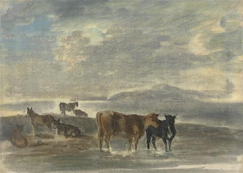 Horses and cows in a hilly landscape