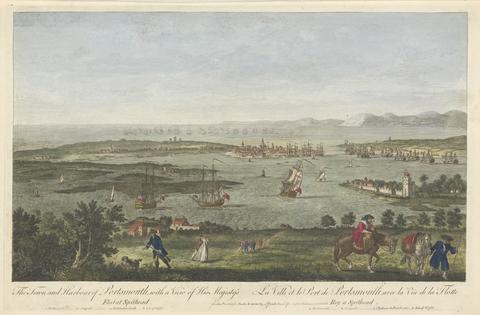 unknown artist The Town & Harbour of Portsmouth, with a View of His Majesty's Fleet Spitthead, (a)Portsmouth, (b)Gosport, (c)Portchester Castle, (d)Isle of Wight