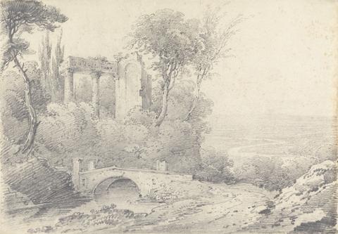 Henry William Burgess Landscape with Ruins and Bridge
