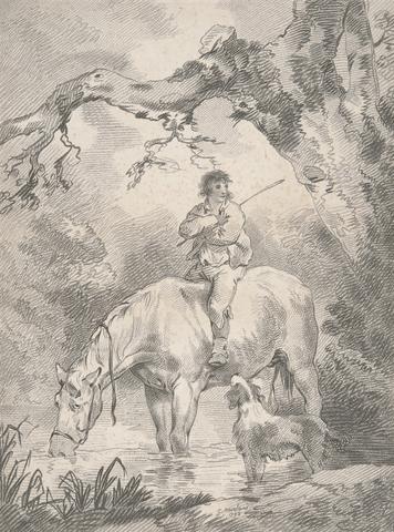 1.[Lad astride a horse in a stream.]