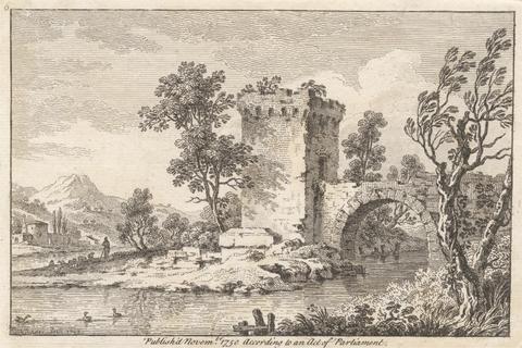 Francois Vivares Landscape with a ruin, a river, a shepherd and sheep (set of 6)