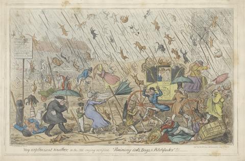 George Cruikshank Very Unpleasant Weather, or, the Old Saying Verified "Raining Cats, Dogs, & Pitchforks."!!!
