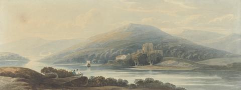 John Varley Landscape in Wales with Mountains, Lake, Castle and Two Figures in the Foreground