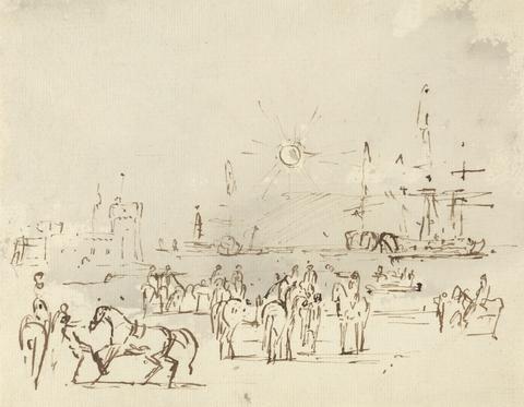 Harbour Scene with Castle on left and Ships at Right