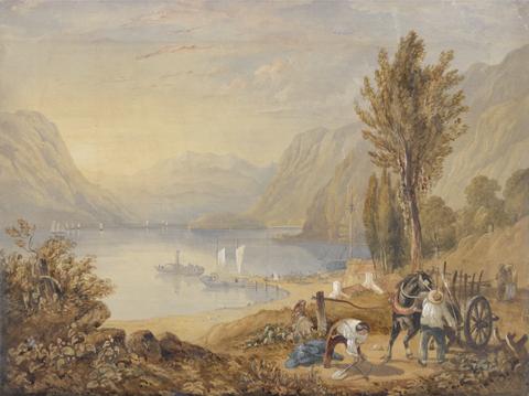 Italian Lake Scene with Paddle Steamer, Boats, and Figures