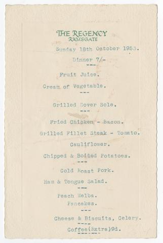 The Regency. Ramsgate : Sunday, 18th October, 1953 : dinner 7/-.