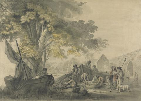 George Robertson Boats, Fishermen and Peasents near a Weir
