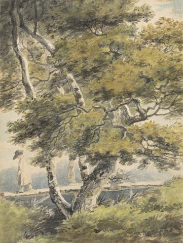 Paul Sandby Trees, with a Man Crossing a Footbridge
