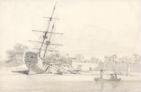 William Alexander A Small Sailing Ship Drawn Up on the Shore Below Some Fortified Buildings