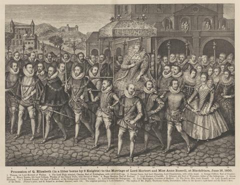 George Scharf Procession of Queen Elizabeth in a Litter Borne by 6 Knights to the Marriage of Lord Herbert and Miss Anne Russell, at Blackfriars, June 16, 1600