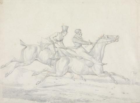 Henry Thomas Alken Drawing for "Specimens of Riding near London:" The Pleasure of Riding in Company. One Would Stop if the Other Could