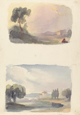 Thomas Sully Two Drawings on One Sheet: Landscape with Mountains in Distance and Seated Figures in Foreground (no. 1); Landscape with River and Building, Mountains in Distance (no. 2)