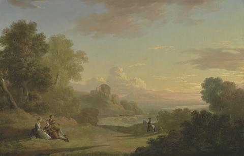 Thomas Jones An Imaginary Landscape with a Traveller and Figures Overlooking the Bay of Baiae
