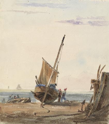 unknown artist Boats and Men on Beach