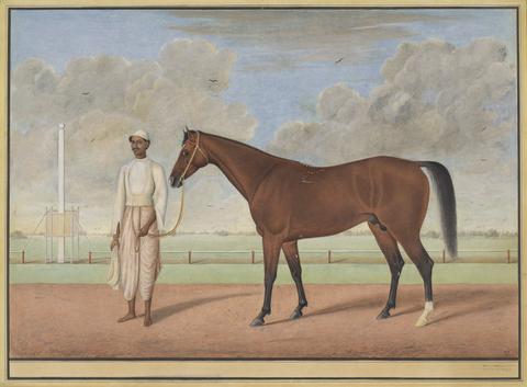 Shaykh Muhammad Amir of Karraya A Bay Racehorse with a Groom