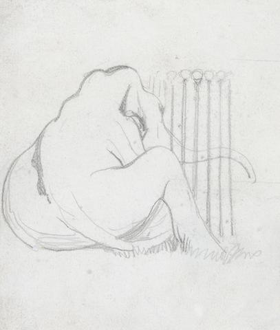 Daniel Maclise A Baby Elephant sitting by a fence