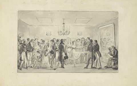 Robert Isaac Cruikshank Wash proofs to accompany Westmacott's "The English Spy": The Opera Green Room, or Noble Amateurs viewing Foreign Curiosities