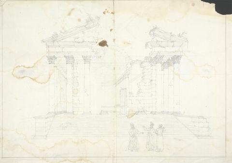 James Bruce Drawing of Temple Ruins and Figures