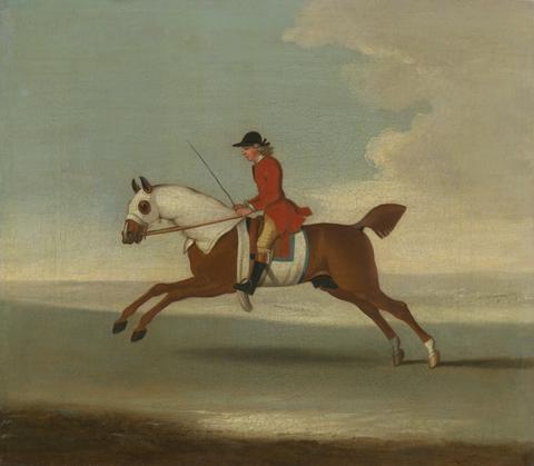 James Seymour One of Four Portraits of Horses - a Chestnut Racehorse Exercised by a Trainer in a Red Coat: galloping to the left, the horse wearing white sweat covers on head, neck and body