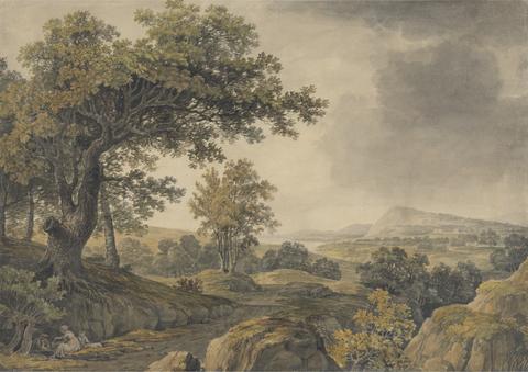 James Baynes Extensive wooded landscape with figures in foreground left