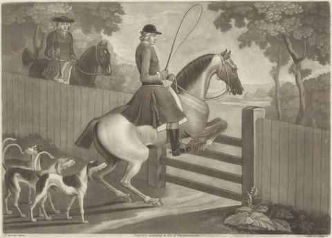 Thomas Burford Hunting [two of a set of twelve]: 7. [A rider putting horse to a gate]