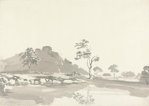 Samuel Davis River Scene with a Fort on a hill in the middle distance