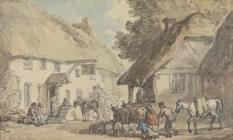 Thomas Rowlandson A Village Street with Cattle and Sheep Being Driven Through