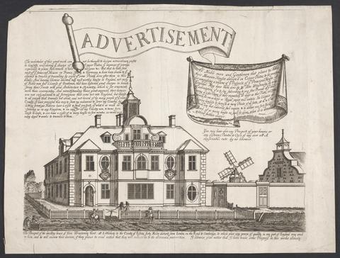 Advertisement [graphic] : All noble men and gentlemen that please to have their mansion houses design'd on copper plates, to be printed for composeing a volume of the prospects of the principall houses of England, may have them done by Mr Hen. Winstanley by way of subscription ...