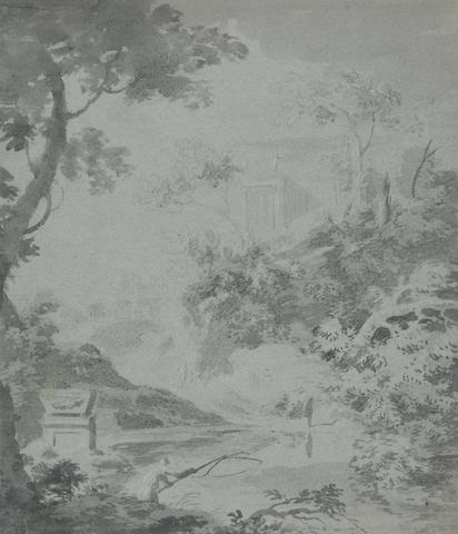 William Taverner Landscape with a Distant Classical Building and a Man Fishing