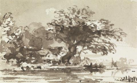 John Varley Trees and Cottages at the Bend of a River