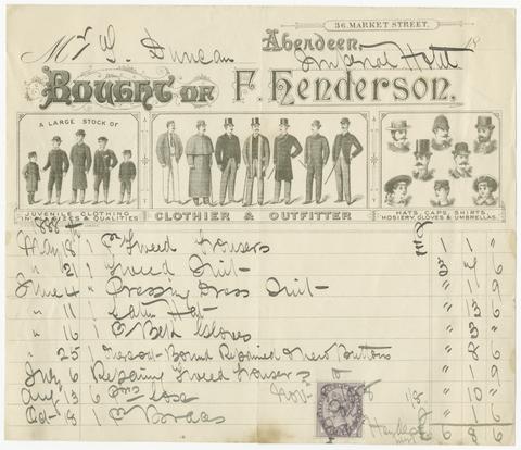 [Billhead of F. Henderson, clothier & outfitter, recording purchases by Mr. G. Duncan, Imperial Hotel, 1888].