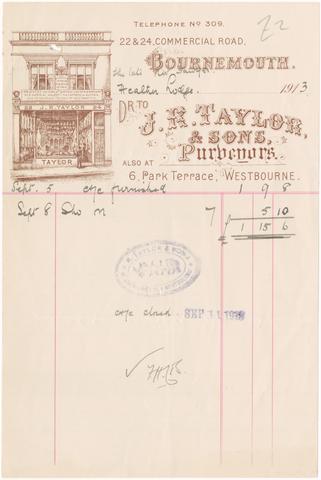 J.R. Taylor & Sons (Bournemouth, England), creator. [Billhead of J.R. Taylor & Sons, butchers in Bournemouth and Westbourne, for purchases made by the late Rev. Sawyer, of Heather Lodge, 1913].