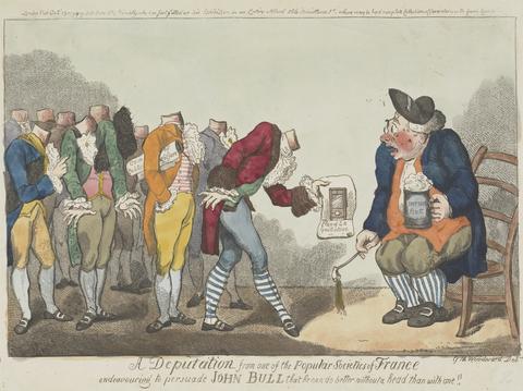 Isaac Cruikshank A Deputation from one of the Popular Societies of France, Endeavouring to Persuade John Bull that he can do better Without a Head than with one!!