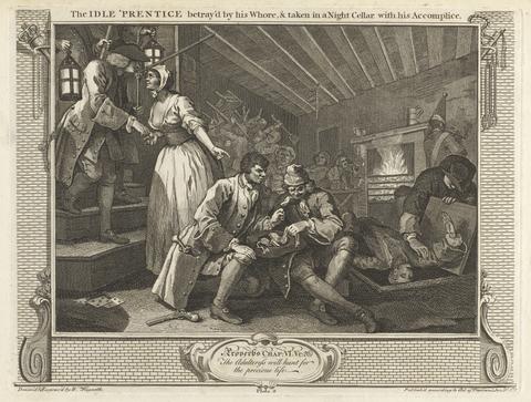 William Hogarth Plate 9, The Idle 'Prentice Betrayed by his Whore and Taken in a Night Cellar with his Accomplice