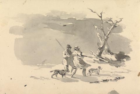 Thomas Sully Two Hunters and Two Dogs in Winter Scene