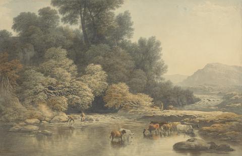 John Glover Hilly Landscape with River and Cattle