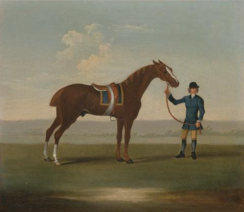 James Seymour One of Four Portraits of Horses - a Chestnut Horse (? Old Partner) held by a Groom: standing facing right, wearing blue saddle-cloth edged with gold; the groom in blue...