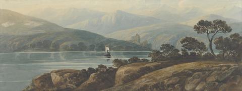 Landscape in Wales with Castle, Lake, and Rocky Foreground