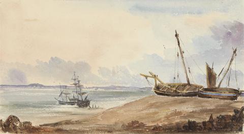 Beach with Ships and Ship off Shore