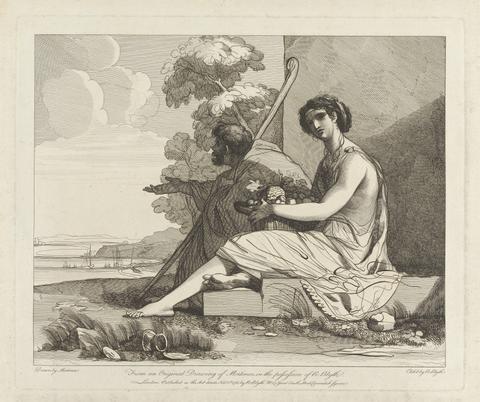 Robert Blyth Two untitled etchings laid down on one sheet: Man in Cloak and Woman with Fruit Seated, Overlooking a Bay