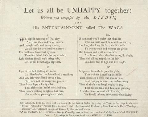 unknown artist Let us all be Unhappy Together: A Poem written and composed by Mr. Dibdin for His Entertainment called the Wags